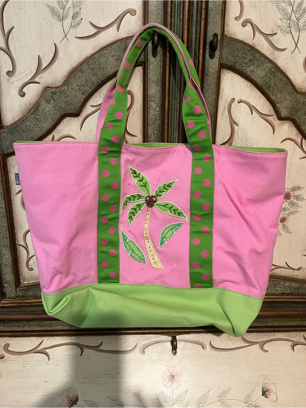 Pink & Green Palm Print Canvas Tote Bag or beach bag! With embellished beading! - Picture 2 of 4